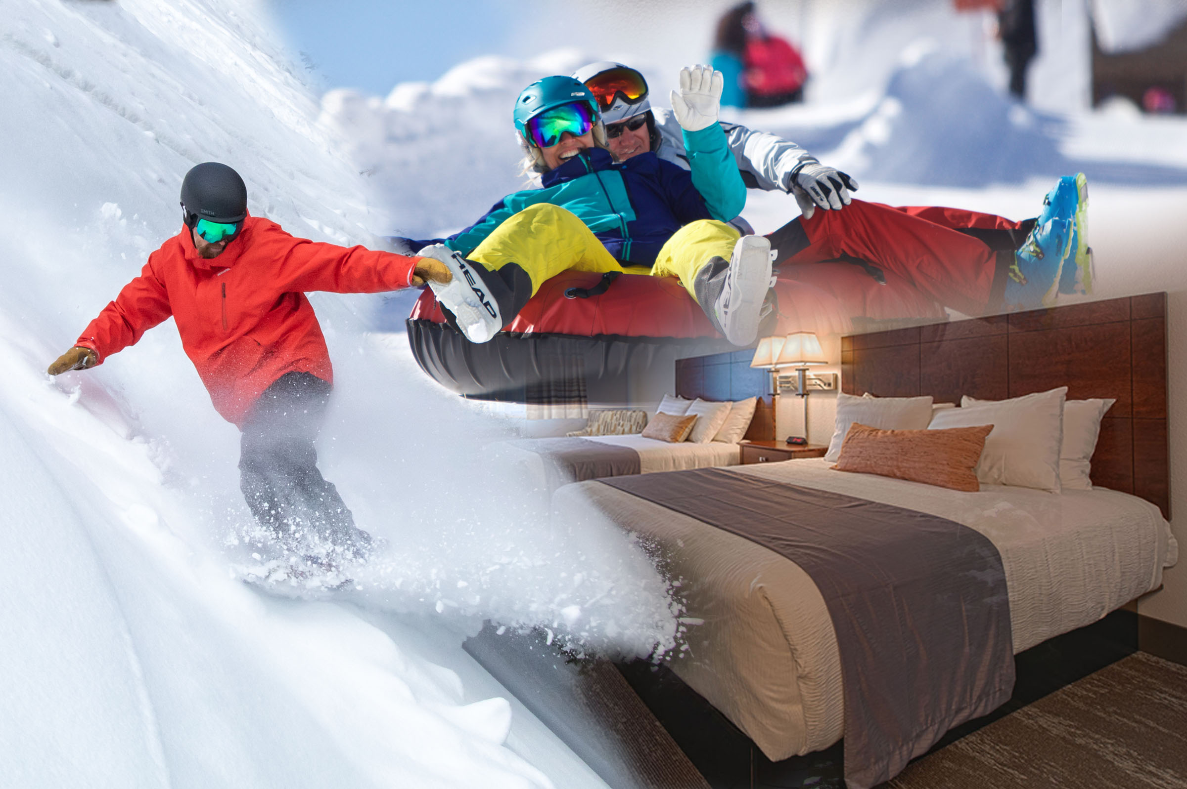 Snowboarder, snow tubers, and room